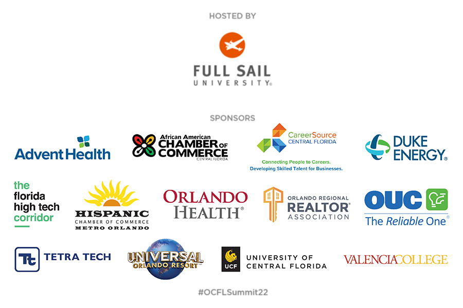 Host logo, Full Sail University, and several sponsor logos for the 2022 Orange County Regional Economic Summit